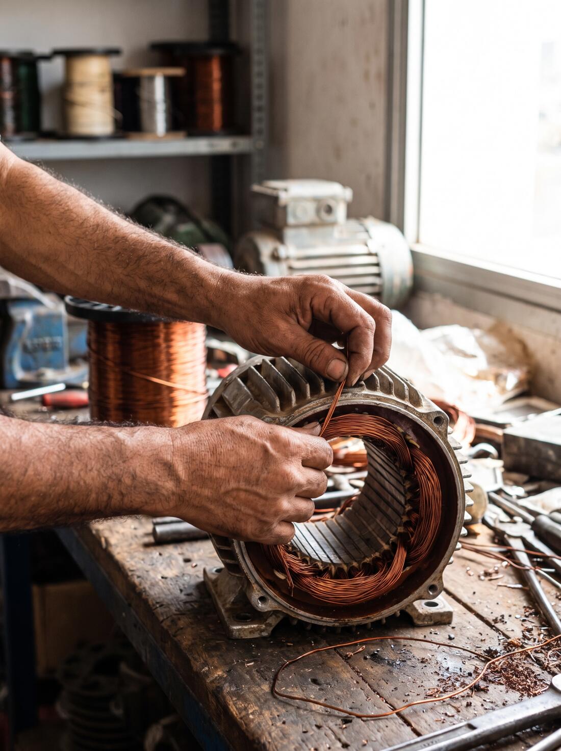 Rembobinage d'un stator de moteur électrique à l'atelier