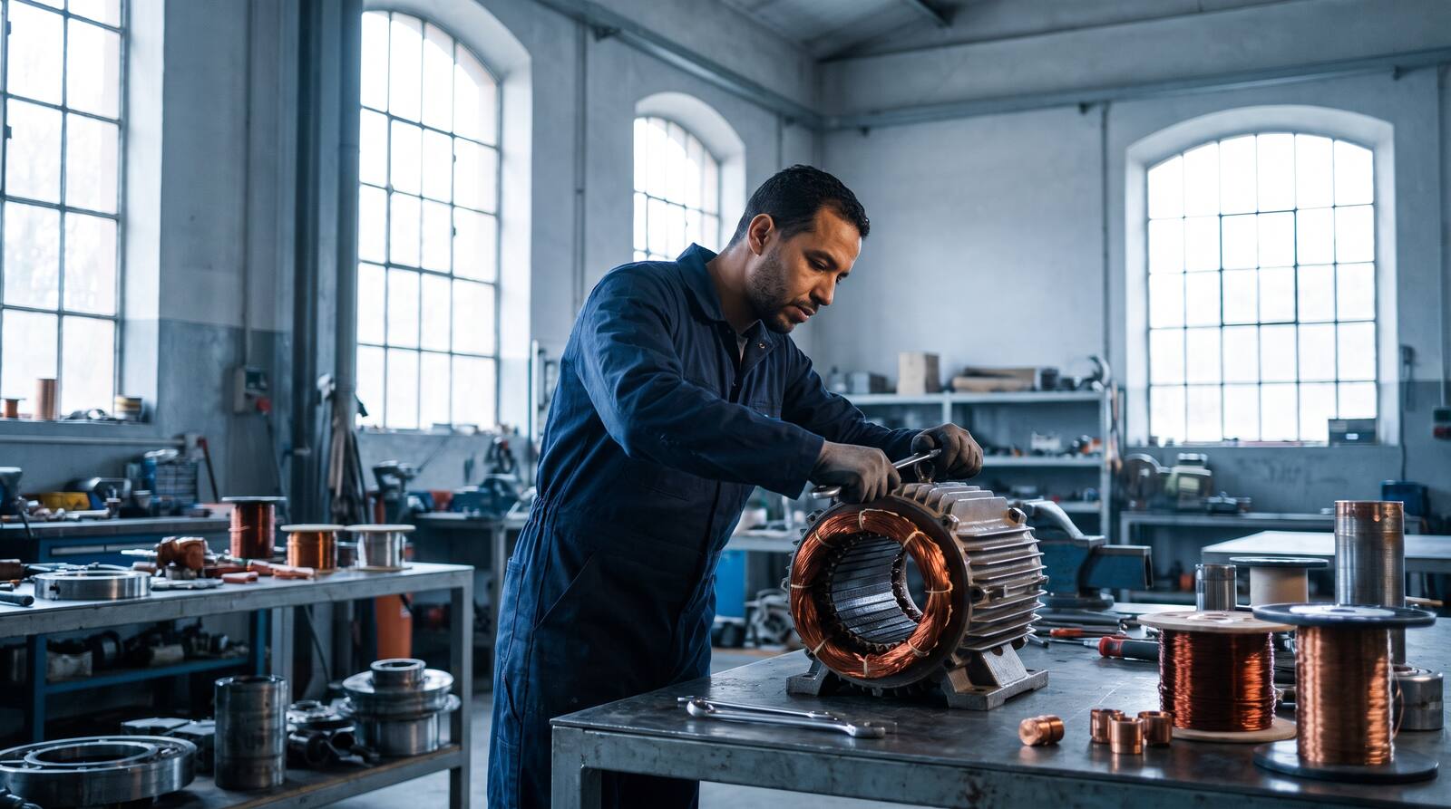 Technicien réparant un moteur électrique dans un atelier lumineux